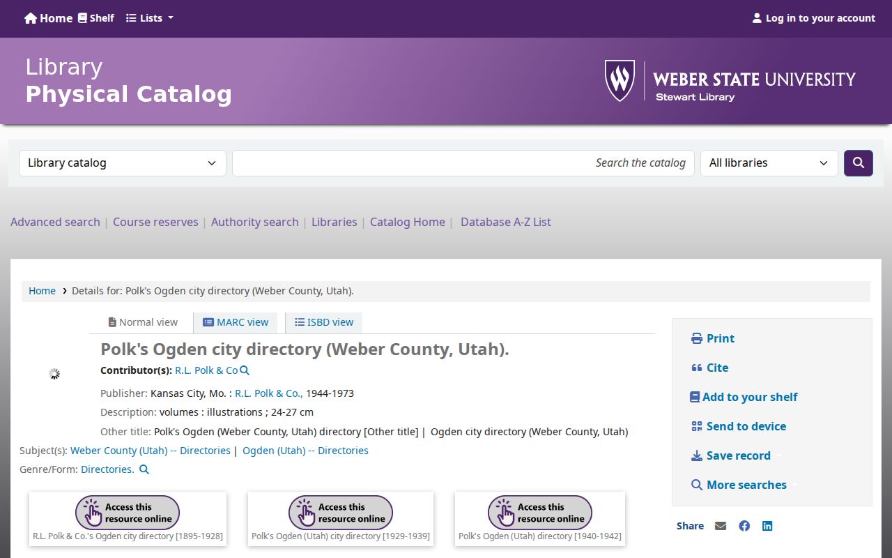 Stewart Library catalog material for the Ogden city directory