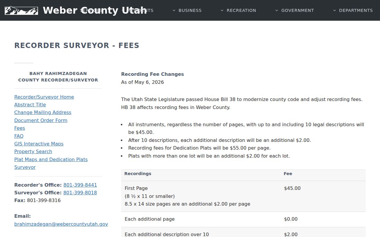 Weber County Recorder fees for the Ogden street directory